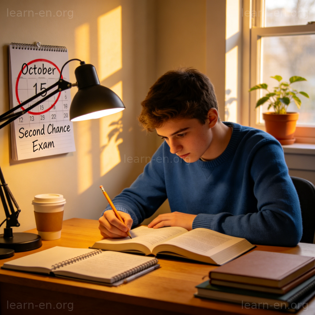 Retake an Exam 图解：学生为第二次考试机会专注学习的场景