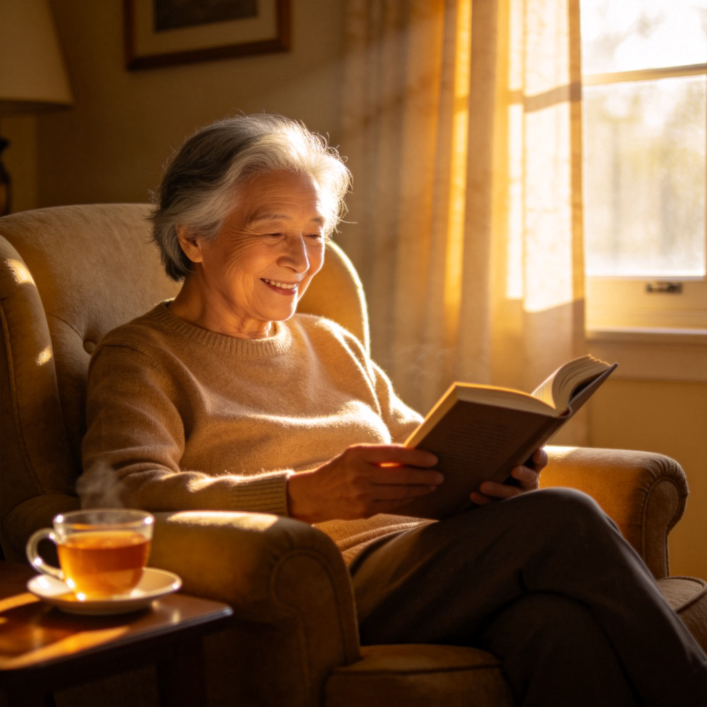 A happy, elderly person with grey hair sitting in a comfortable armchair at home, reading a book. Warm sunlight streams through a window, and a cup of tea sits on a small table beside them. The scene is peaceful and content. No text in the image.