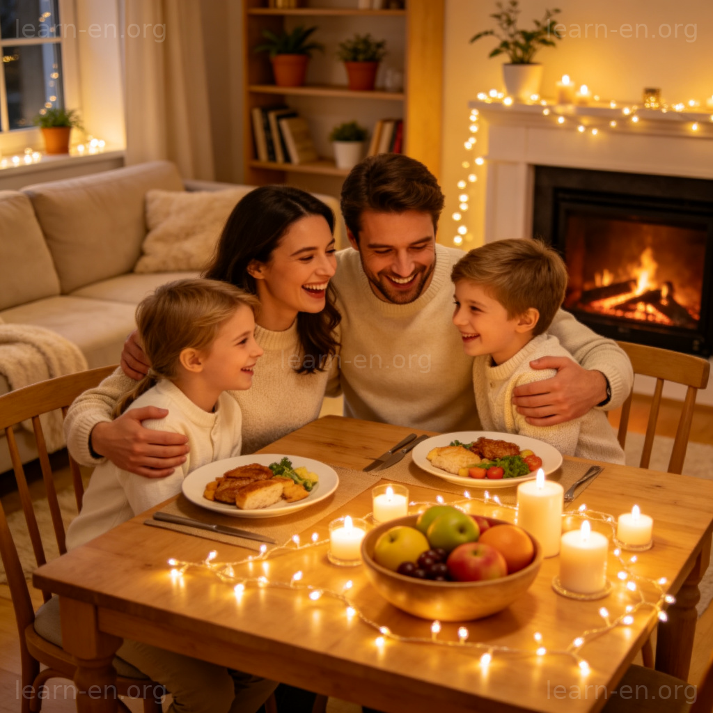 reunion with family 场景图解：温馨客厅中家人拥抱欢笑聚餐