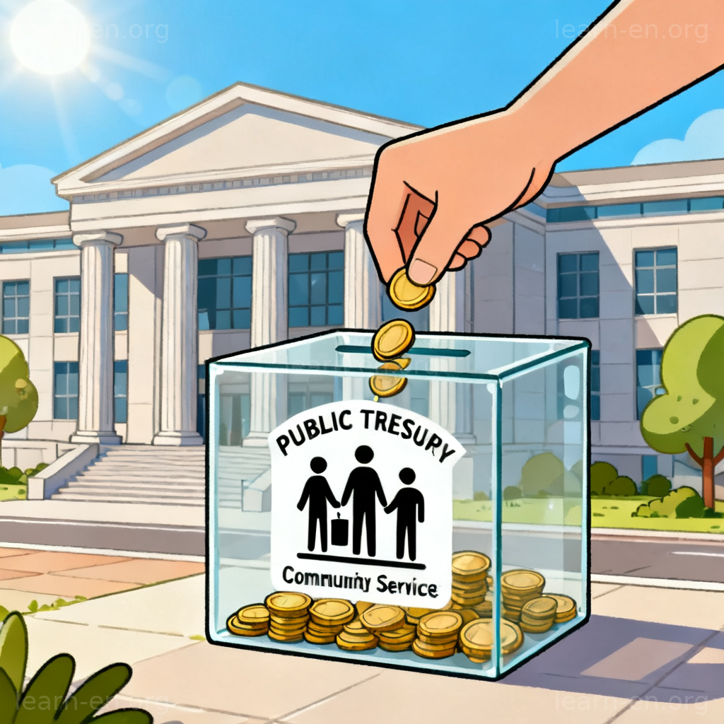 Government revenue concept: citizens contributing coins to a public treasury box in front of a civic building.