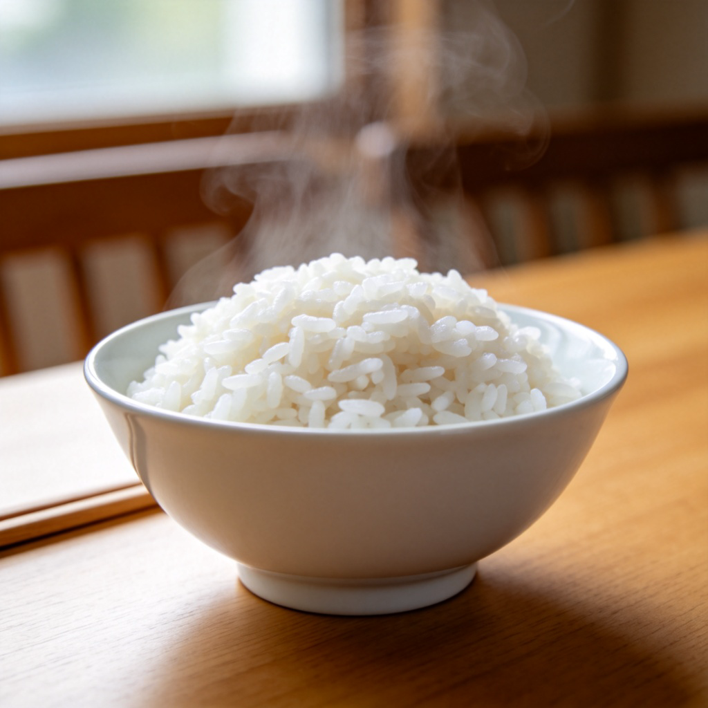A clear, close-up photo of a white ceramic bowl filled with freshly cooked, fluffy white rice grains. Steam is gently rising from the bowl. The bowl is placed on a simple wooden dining table, with a pair of chopsticks resting beside it. The background is soft and out of focus, ensuring all attention is on the rice. No text or logos.