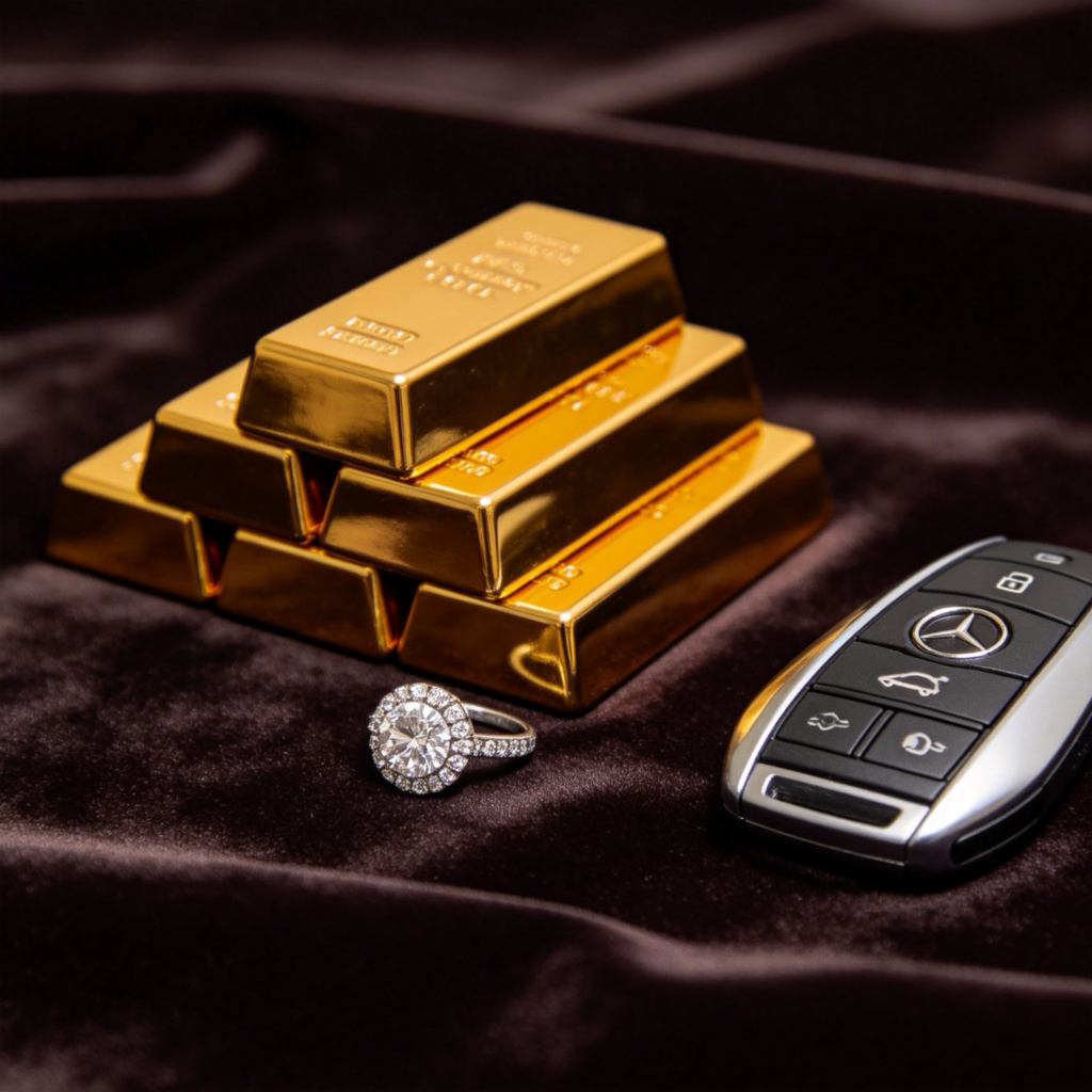 A detailed close-up of luxurious items: several gold bars stacked neatly, a sparkling diamond ring, and a set of modern car keys on a background of dark velvet fabric. The lighting is warm and highlights the shine of the metal and gems. No people or text in the image.