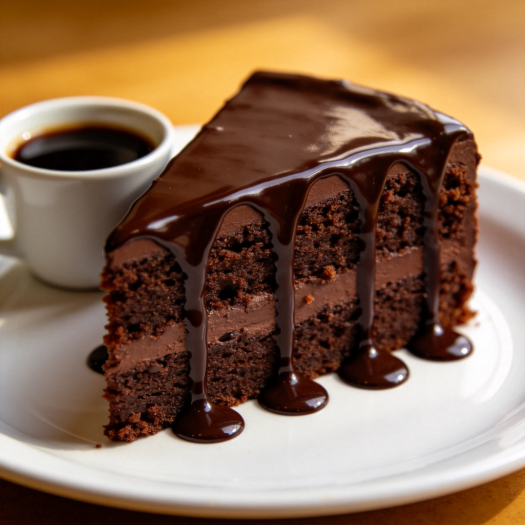 A slice of dark chocolate cake on a white plate, with glossy chocolate ganache dripping down the sides. Next to it is a small cup of strong black coffee. The focus is on the moist texture of the cake and the shiny sauce. Style is realistic food photography with soft, natural lighting. No text.