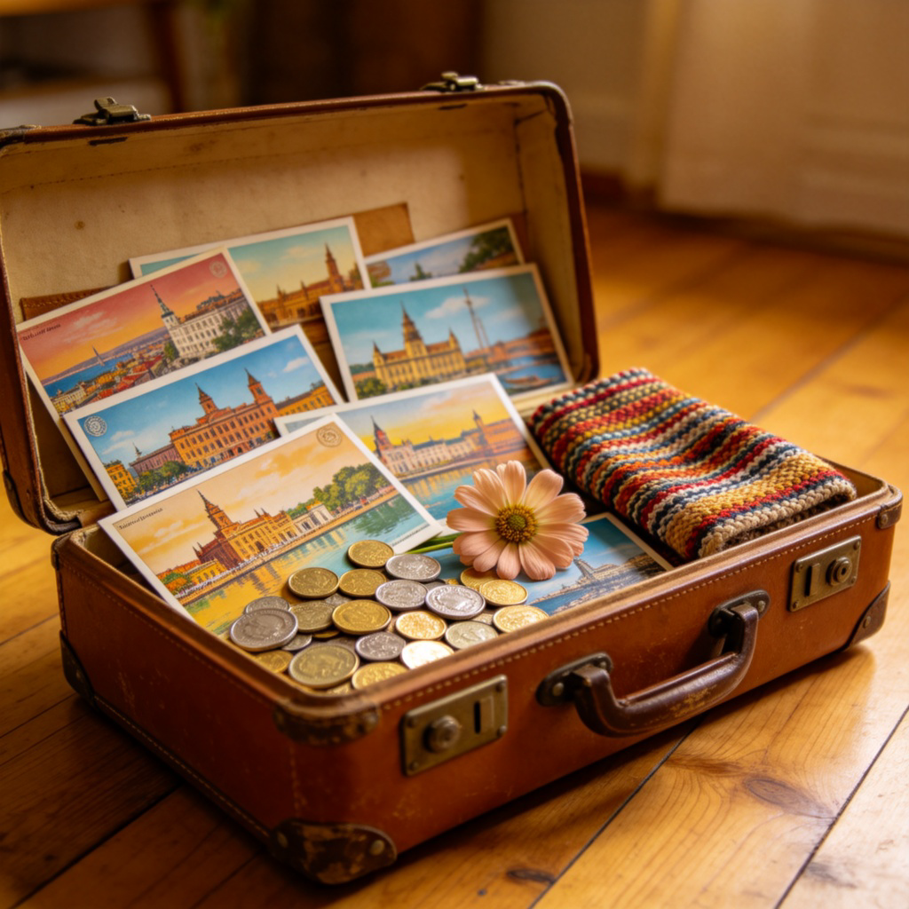 An open, vintage leather suitcase on a wooden floor. Inside are a colorful array of travel souvenirs: postcards from different countries, foreign coins, a pressed flower, and a woven textile. The background is softly blurred. The scene evokes a sense of a rich and well-traveled life. No text.