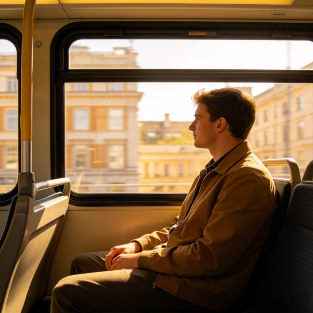A person sitting comfortably by the window on a city bus, looking out at passing buildings. The bus interior is clean and modern. The person's hands are relaxed on their lap, not holding a steering wheel. Sunny day, clear view from inside the vehicle. No text.