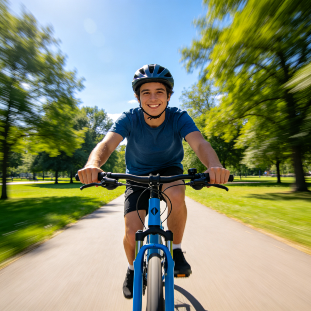 A smiling person wearing a helmet, riding a blue bicycle along a smooth park path. The person is actively pedaling and holding the handlebars. Green trees and blue sky in the background, showing motion and control. No text.