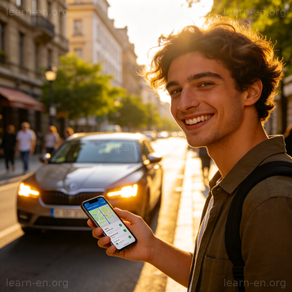 ride-sharing service 核心概念图解：用户使用手机应用预约共享车辆