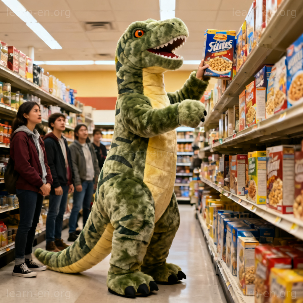 Ridiculous scene of a person in a dinosaur costume shopping in a supermarket.
