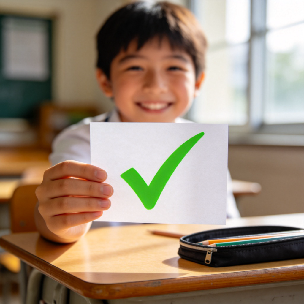 A close-up of a young student's hand holding up a piece of paper with a large, bright green tick (check mark) on it. The student's face is smiling in the background, out of focus. The setting is a simple classroom desk with a pencil case. Daylight from a window. No text on the paper.