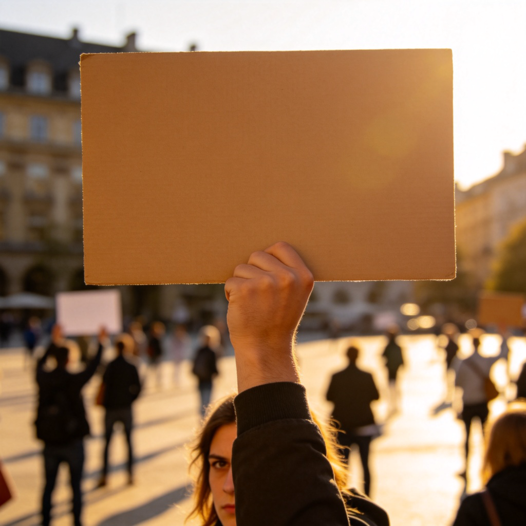A person's hand holding up a blank sign or placard in a peaceful demonstration. The person is looking determined. The background is slightly blurred, showing other people in a public square. Sunny day. Focus on the hand and the idea of raising one's voice for a cause. No text on the sign.