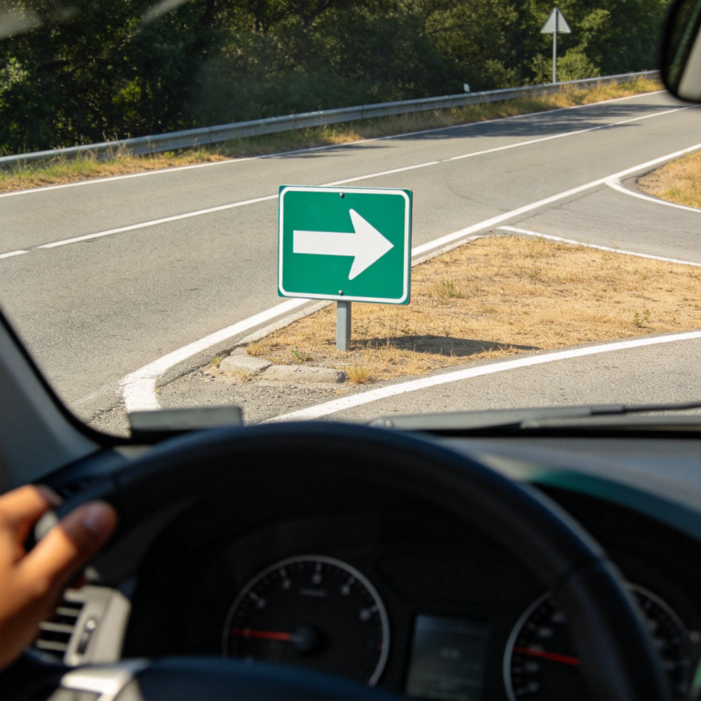 A clear view from a car driver's perspective looking ahead at a road intersection. A green traffic sign with a white arrow clearly pointing to the right is visible on the side of the road. The road is dry and in daylight. The focus is on the sign and the direction it indicates.