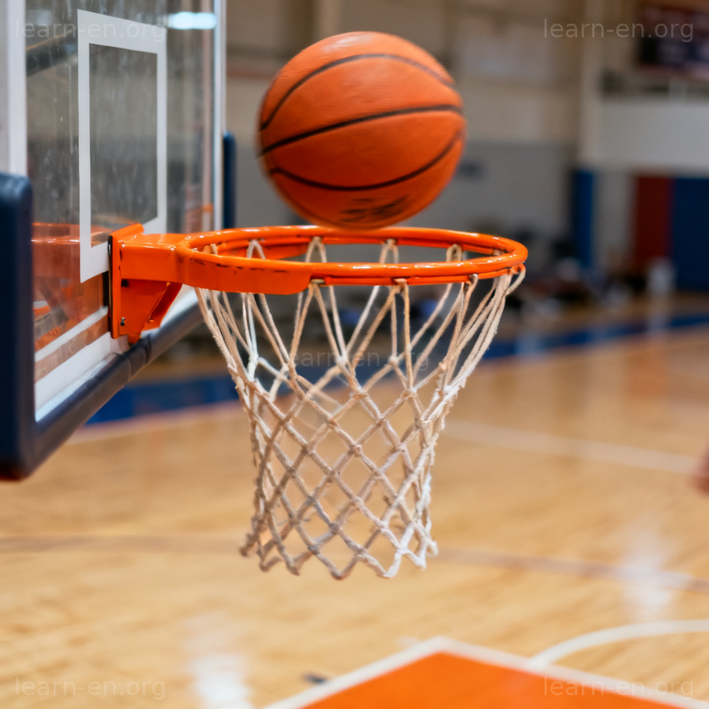 Basketball rim action shot showing the ball about to hit the orange hoop.