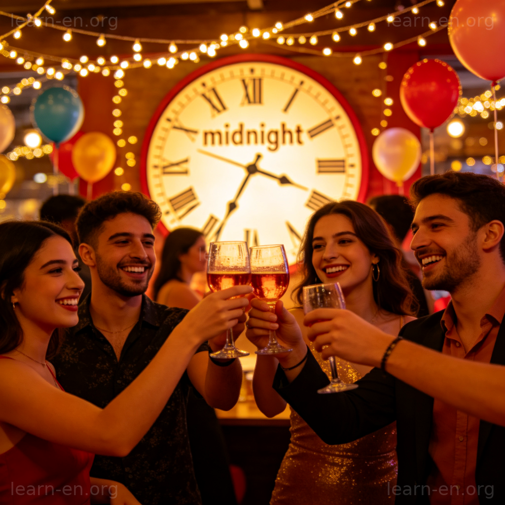 Ring in the New Year 场景图解：朋友举杯庆祝新年午夜