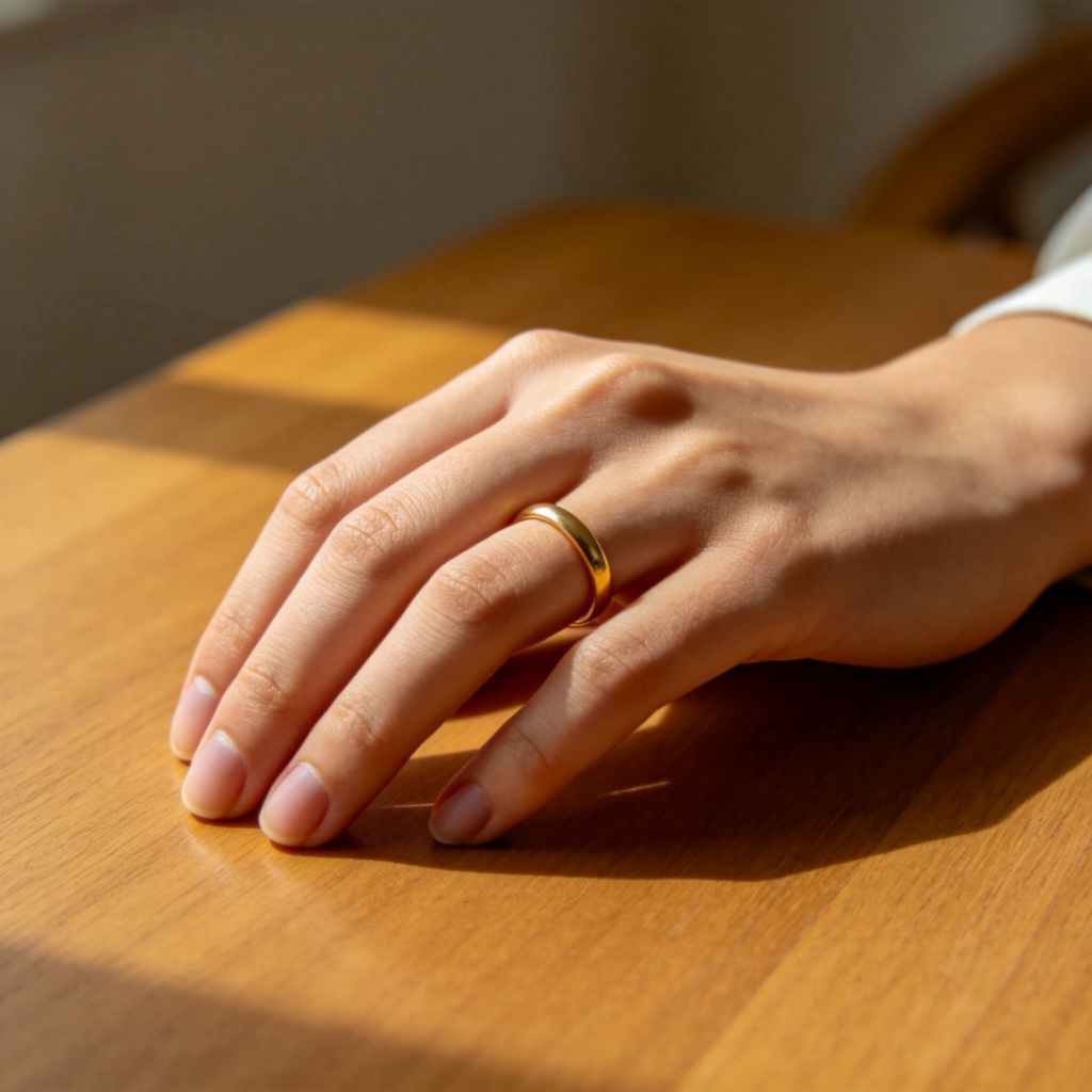 A close-up photo of a person's hand resting on a wooden table. The focus is on the ring finger, where a simple, elegant gold wedding band is clearly visible. Natural sunlight, shallow depth of field, plain background. No text.
