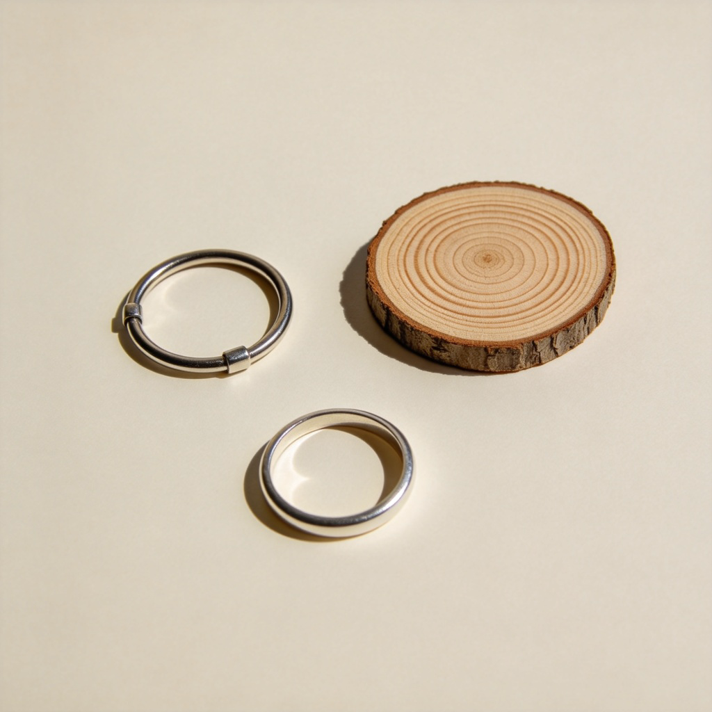 A flat lay photo on a light background, showing three distinct circular objects: a simple metal key ring, a sliced tree stump with visible concentric growth rings, and a plain silver ring (jewelry). The objects are arranged to clearly contrast their 'ring' shape. Sharp focus, bright lighting. No text.