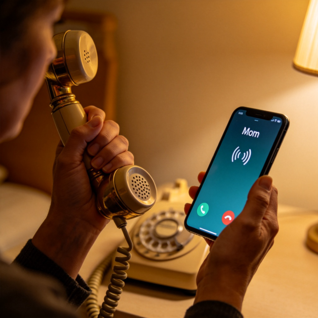 A person's hand holding an old-fashioned telephone receiver to their ear, with a cord connecting to the base. Alternatively, a modern smartphone screen showing an incoming call with the name "Mom" and a ringing sound icon. Warm indoor lighting, focus on the action of communication. No text.