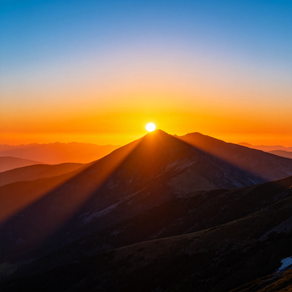 A vivid scene of a bright yellow sun rising above a mountain ridge at dawn. The sky shows gradients of orange and blue. The sun is halfway above the horizon, casting long shadows. No text, realistic landscape photography style.
