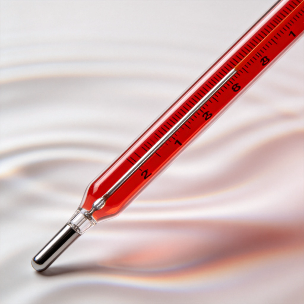 A close-up of a red mercury thermometer against a plain background. The silver mercury line is clearly visible and is positioned high in the glass tube, indicating a high temperature. A subtle heat wave distortion effect is in the background. Photorealistic style, no text.