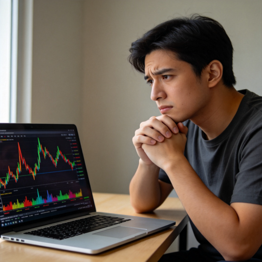 A person sitting at a desk with a laptop open, displaying a colorful stock market chart with sharp peaks and valleys. The person looks thoughtful and slightly worried, hands clasped together. The background is a simple, neutral-colored wall. Natural lighting from a window, focus on the person's expression and the chart. No text or logos.