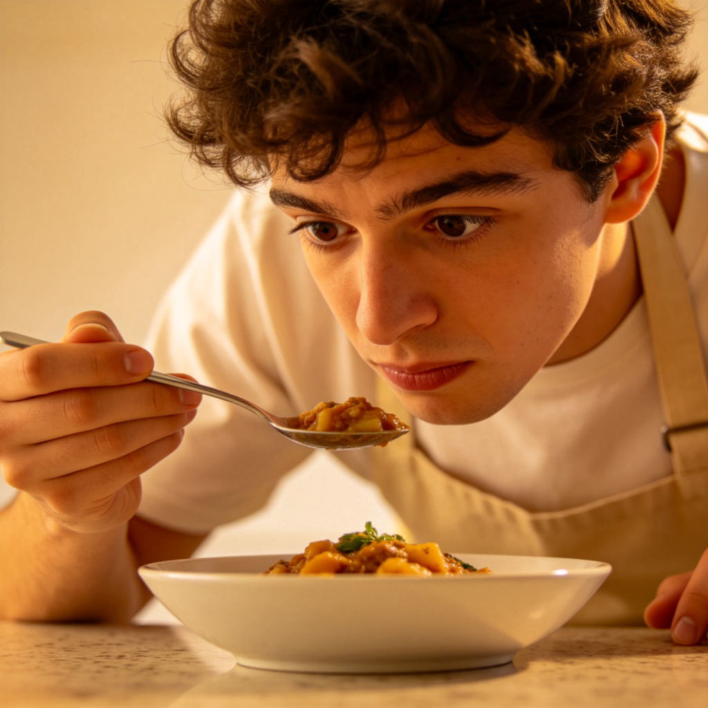 A person in a home kitchen, wearing an apron, carefully holding a spoon to taste a dish they just cooked from a new recipe. Their expression shows curiosity and a bit of nervousness. Warm lighting, focus on the person's face and the food. Plain countertop in the background, no text.