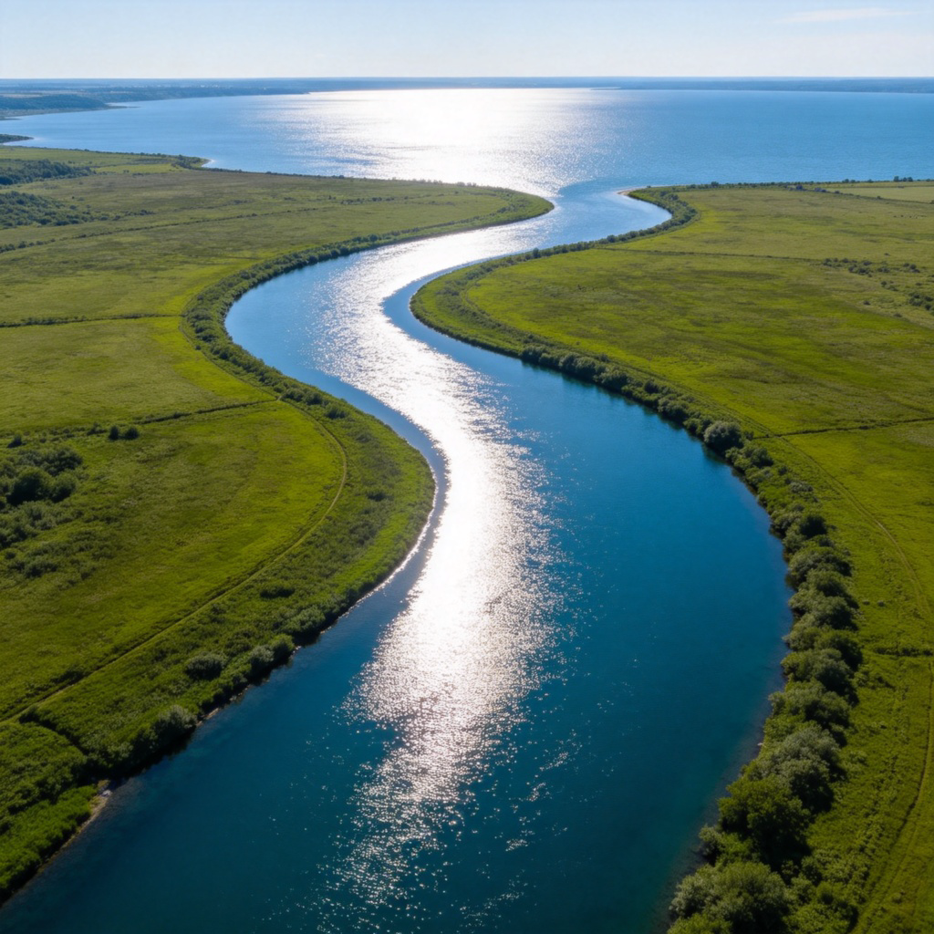 An aerial view of a wide, winding river with green banks on both sides, flowing through a landscape. The water is blue and reflective, moving from the top of the image towards the viewer. In the distance, the river merges with a large body of water (ocean or lake). The scene is bright, clear, and realistic, with no buildings or people to keep the focus purely on the natural river. No text.