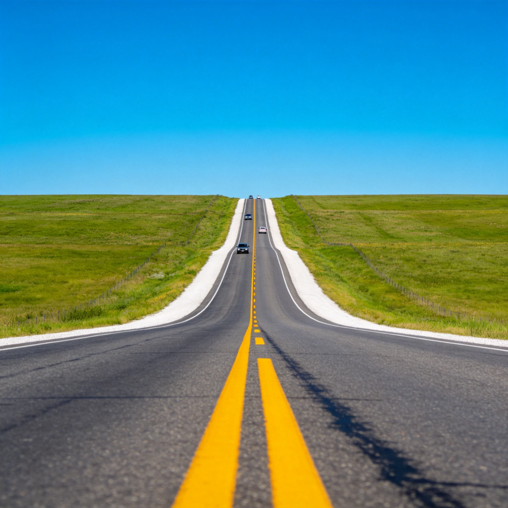 A wide, two-lane asphalt road stretching into the distance through a field of green grass under a clear blue sky. Yellow lane dividers and white shoulders are clearly visible. A few small cars are driving on the road. The focus is on the road itself as the main subject. Photography style, bright daylight, no text.