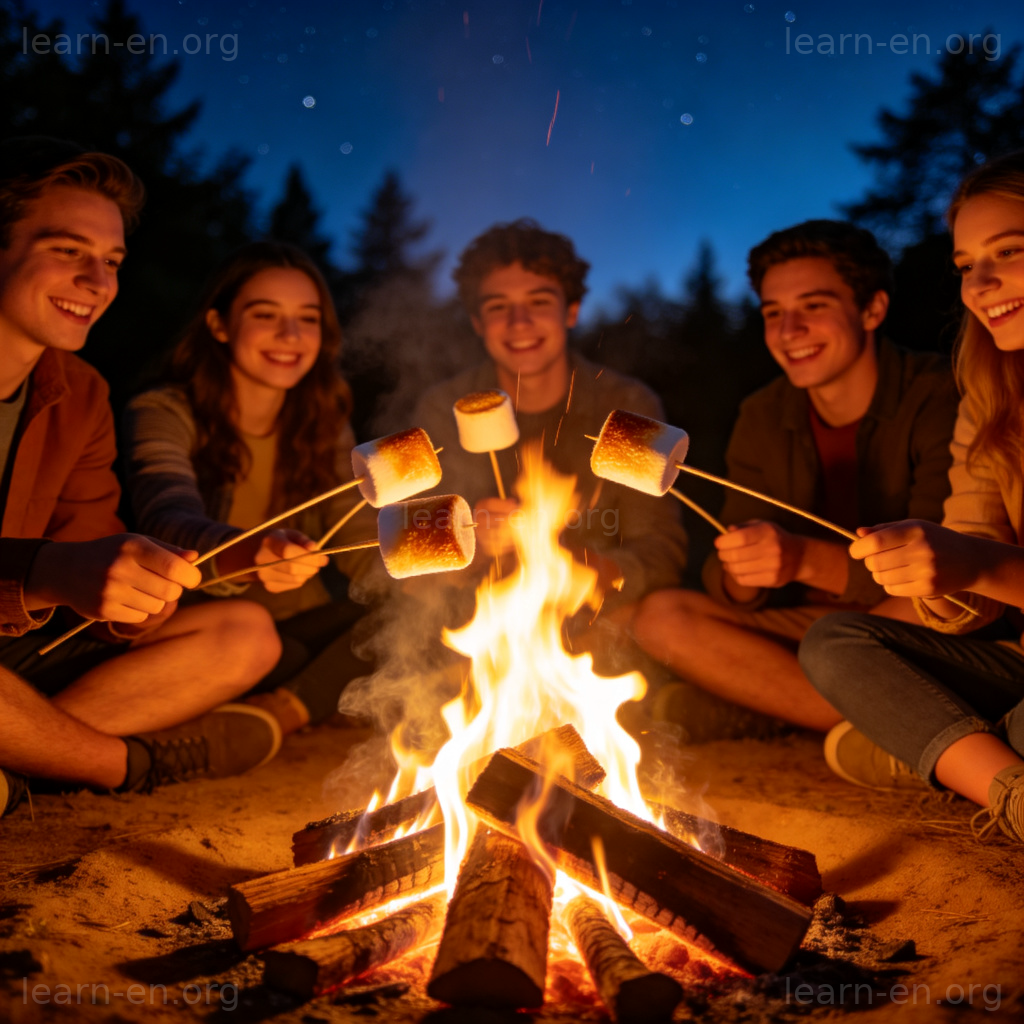 roast marshmallows 图解：夜晚营火旁人们开心烤棉花糖的场景