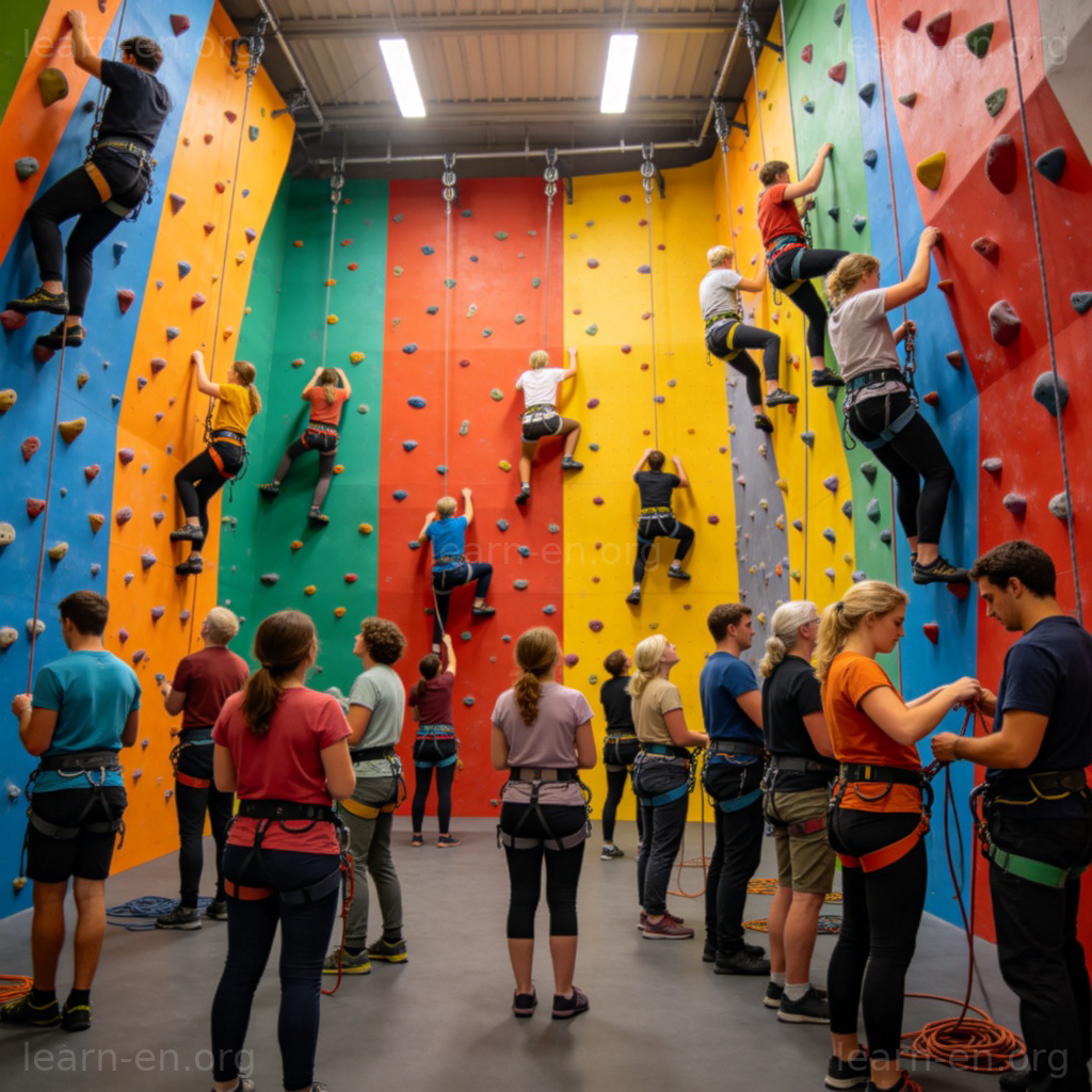 攀岩运动场景：室内攀岩馆多人训练彩色岩壁