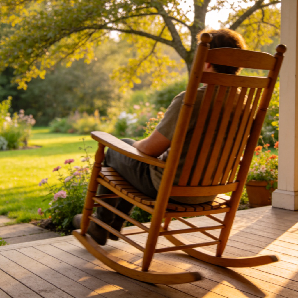 A person sitting in a wooden rocking chair on a porch, gently moving back and forth. Close-up on the chair's motion, with a peaceful garden in the background. Natural daylight, realistic style, no text or logos.