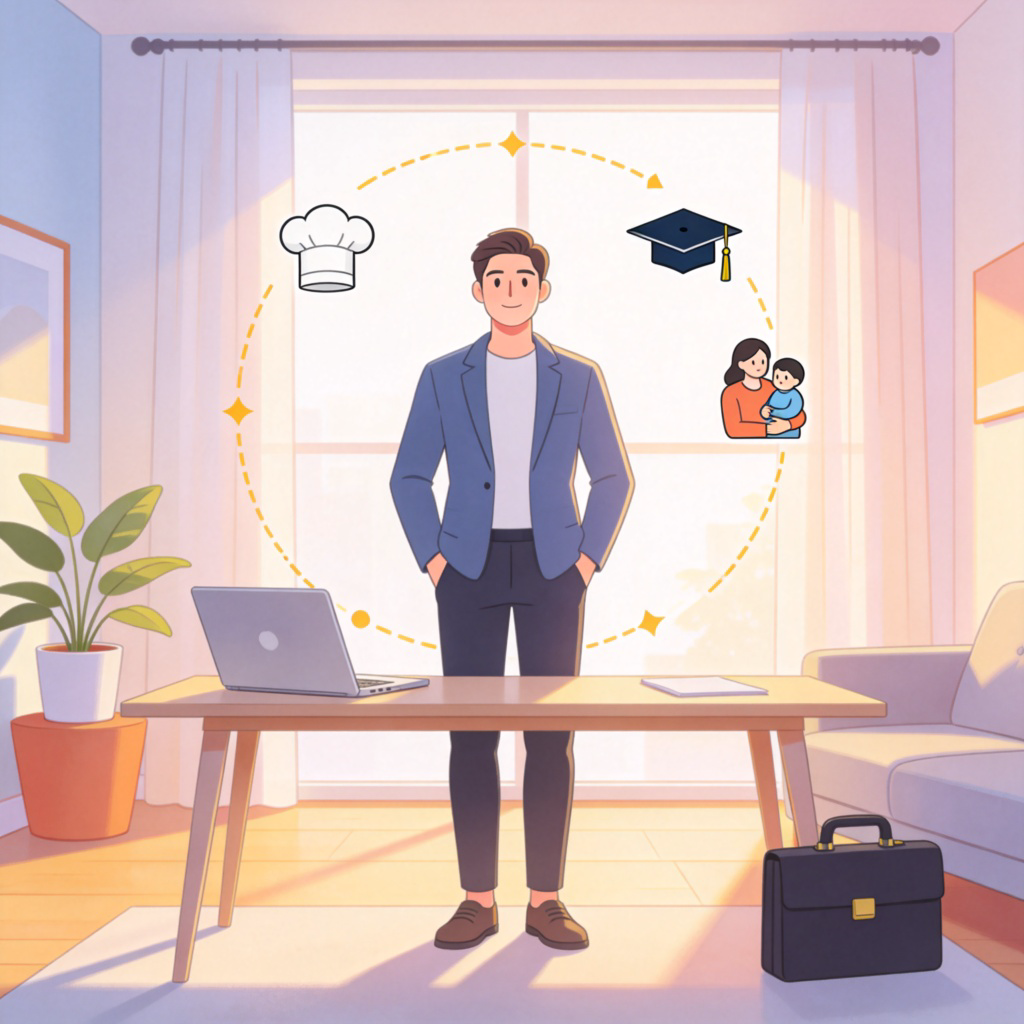 A person standing at the center, surrounded by small icons representing different hats: a chef's hat, a graduation cap, a parent with a child, and a briefcase. The person looks calm and confident, managing these different roles in a modern home office setting. Bright, clear lighting, focus on the person and the symbolic icons.