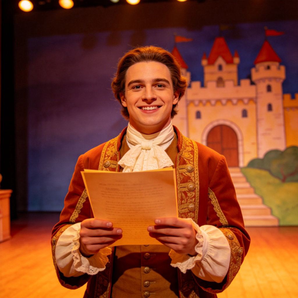 A theater stage, a smiling actor in a historical costume, looking at the camera while holding a script. The stage has simple background props like a painted castle. Warm stage lighting highlights the actor's costume and expression, showing they are playing a part in a play.