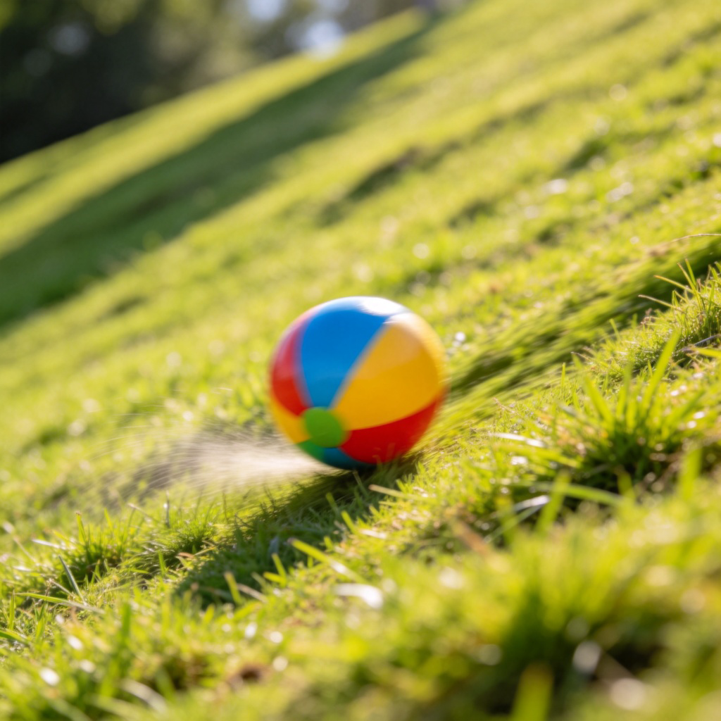 A colorful toy ball is halfway down a gentle green slope, clearly in motion, leaving a slight trail in the short grass. Sunny day, soft shadows. Focus is on the ball's movement. No people or text in the image.