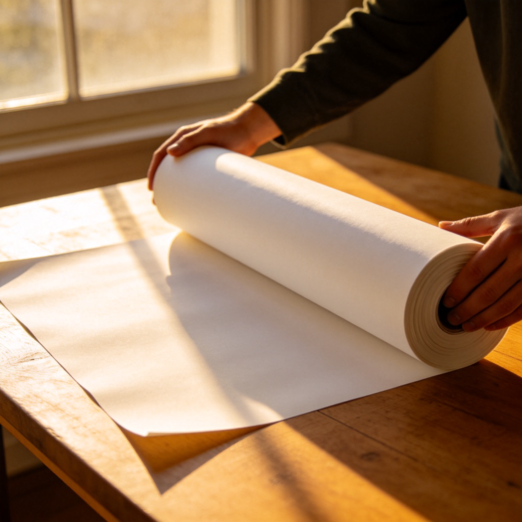 A person's hands are in the process of rolling a large sheet of white paper into a tight cylinder on a wooden table. Part of the paper is still flat, part is already rolled. Natural light from a window. No faces or text visible.
