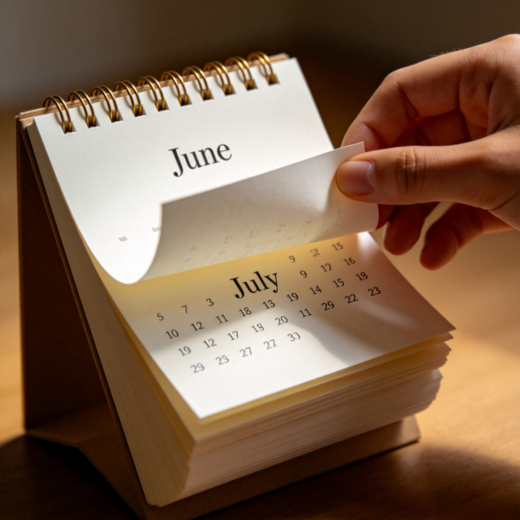 A close-up view of a classic desk calendar. A hand is turning over a page marked "June" to reveal "July" underneath, symbolizing the passing of a month. Soft, warm lighting on the paper. No other objects or text.