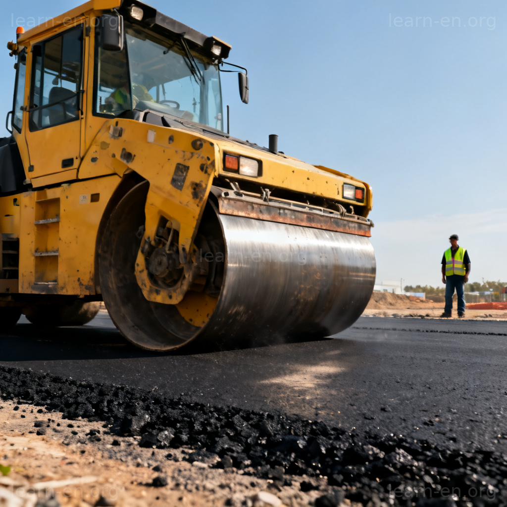 Large yellow road roller compacting fresh asphalt on site