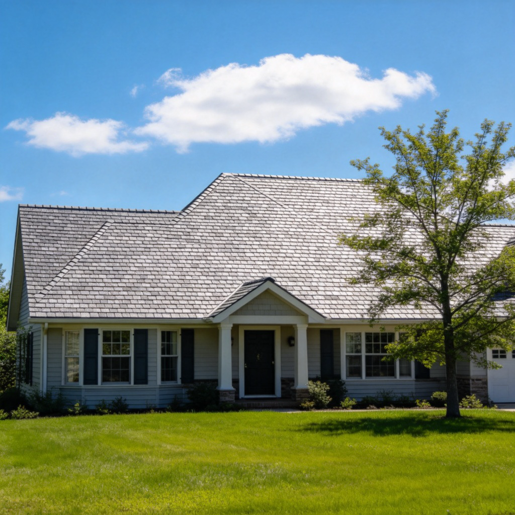 A classic family house with a grey sloped roof under a blue sky with a few white clouds. The roof is the main focus, showing its tiles or shingles clearly. The house is surrounded by a green lawn and a tree. Sunny day lighting, realistic photography style. No text or people in the foreground.