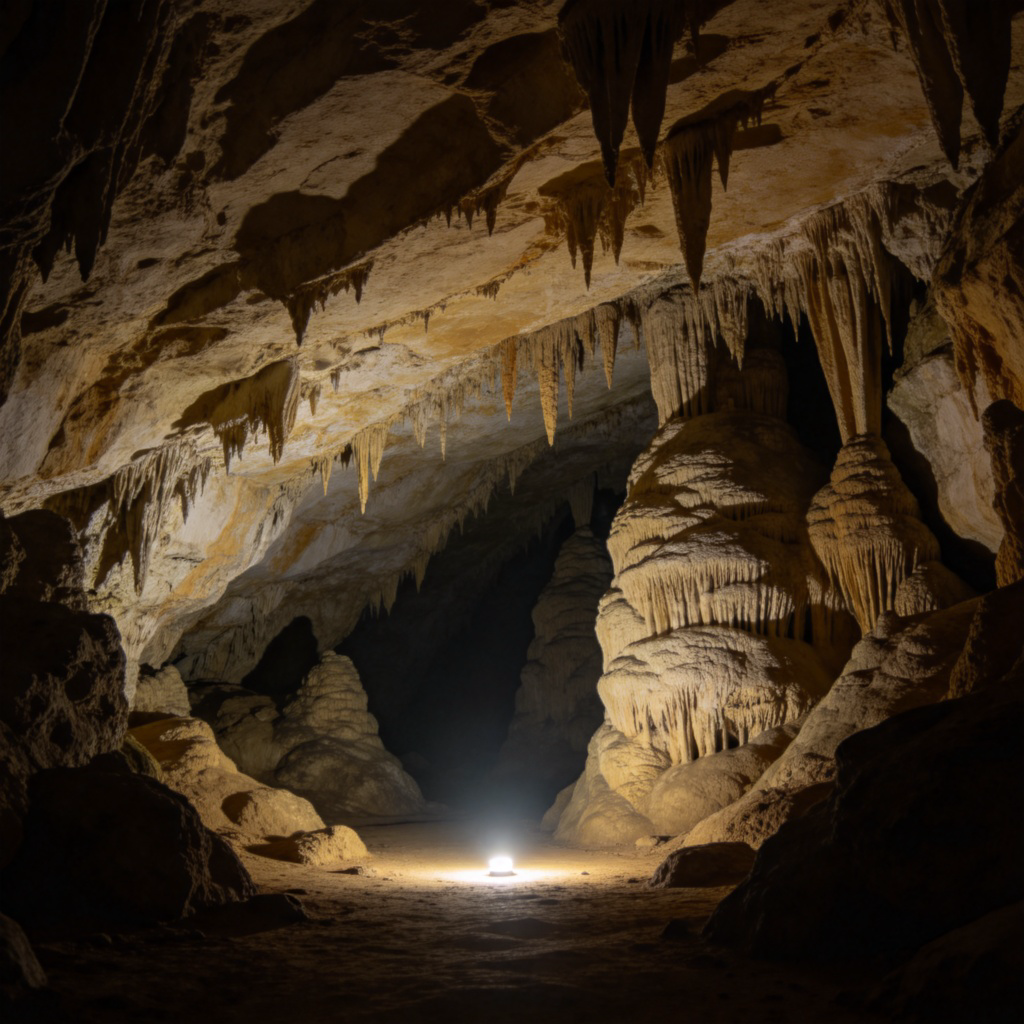 The interior view of a large, naturally formed limestone cave. The focus is on the high, uneven rocky roof overhead, with some visible stalactites. The lighting is dim and atmospheric, coming from a light source on the cave floor below. Photorealistic style, showcasing textures of the rock. No people.