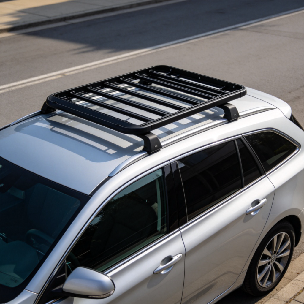 A side view of a modern silver family car parked on a street. The focus is on its smooth, curved metal roof. A black roof rack with an empty luggage box is installed on top. Clear daytime lighting, clean and simple background. Realistic car photograph. No people.