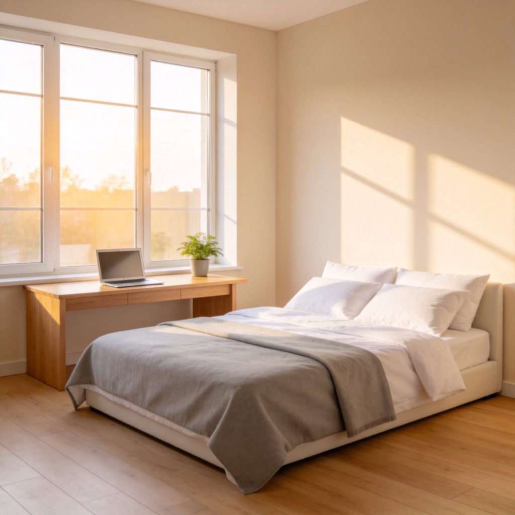 A bright and tidy modern bedroom with a neatly made bed against the wall, a wooden desk with a laptop and a potted plant next to a window letting in sunlight. The scene is peaceful and inviting. Photorealistic style, centered on the room's interior.