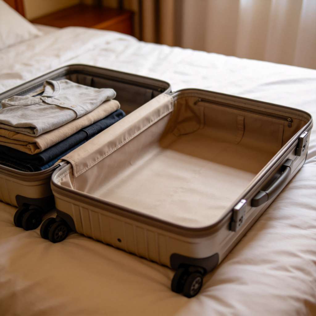 A half-packed, open hard-shell suitcase on a bed. Clothes are neatly folded on one side, leaving a clear, empty rectangular space on the other side, ready for more items. Soft lighting, focus on the empty space inside the suitcase.