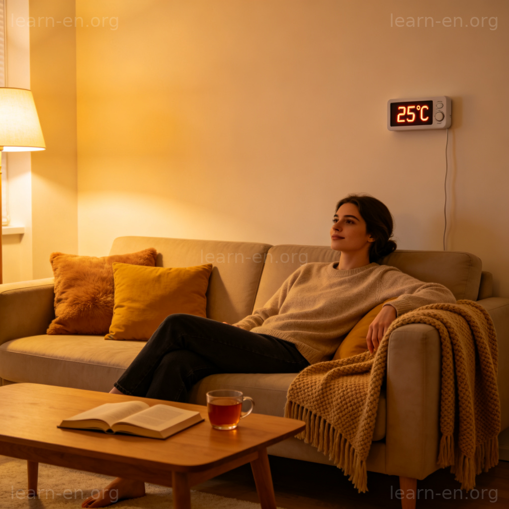 Room Temperature 图解：显示25°C的室内温度计与舒适起居场景