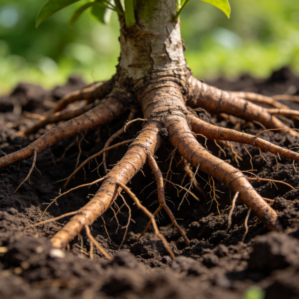 A close-up, detailed view of thick, brown tree roots spreading through dark, moist soil. Some smaller, hair-like roots are visible. The roots are the clear focus, with a blurred green background hinting at the plant above. Natural daylight, photorealistic style. No text.