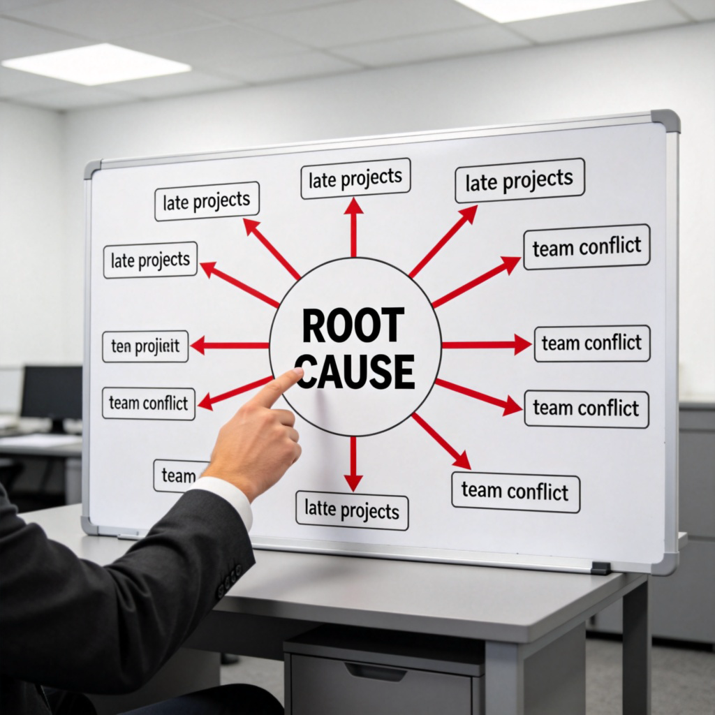 A person's hand pointing at the center of a large mind map or clue board. The center says "ROOT CAUSE" in bold, with many red arrows from outer problems like 'late projects' and 'team conflict' pointing to it. Office setting, clear visual hierarchy. No text other than the illustrative 'ROOT CAUSE'.