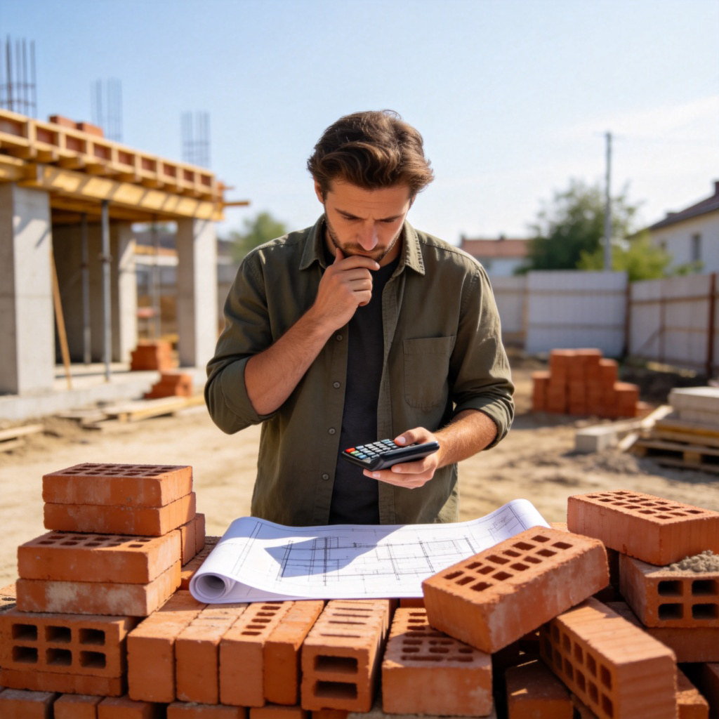 A person standing at a construction site, looking at a pile of bricks and a blueprint, holding a calculator. They are making a thoughtful, estimating face. The focus is on the person and the unordered pile, suggesting an approximate count, not a precise one. Clear daylight, simple background.