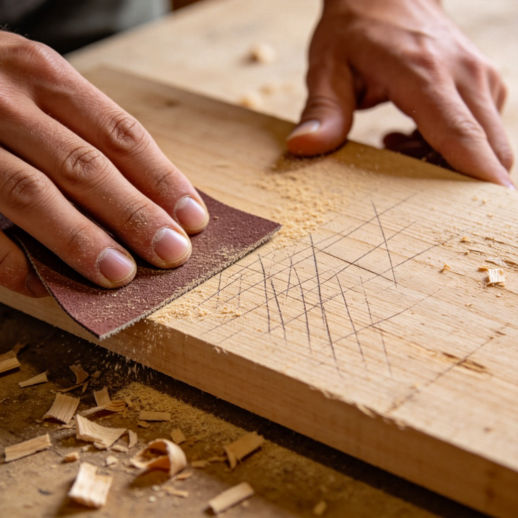 A close-up of a person's hands using coarse sandpaper on a piece of wood, creating visible scratches and a rough, unfinished surface. Wood shavings are scattered around. The texture of the rough wood is the main focus against a plain workshop background.