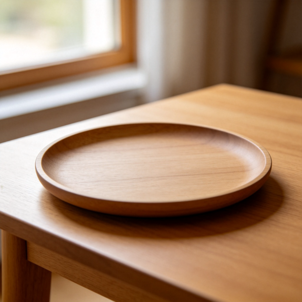 A simple, perfectly round wooden plate placed on a plain wooden table. Top-down view, natural light from a window, clear focus on the smooth circular edge. No other objects or text in the frame.