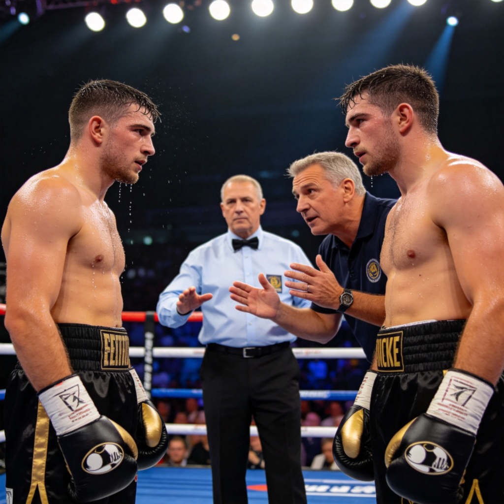 Two boxers in a ring, facing each other between rounds. One is in their corner, a coach is giving advice. The referee stands in the center. Bright arena lights, dynamic sports atmosphere. No text on image.