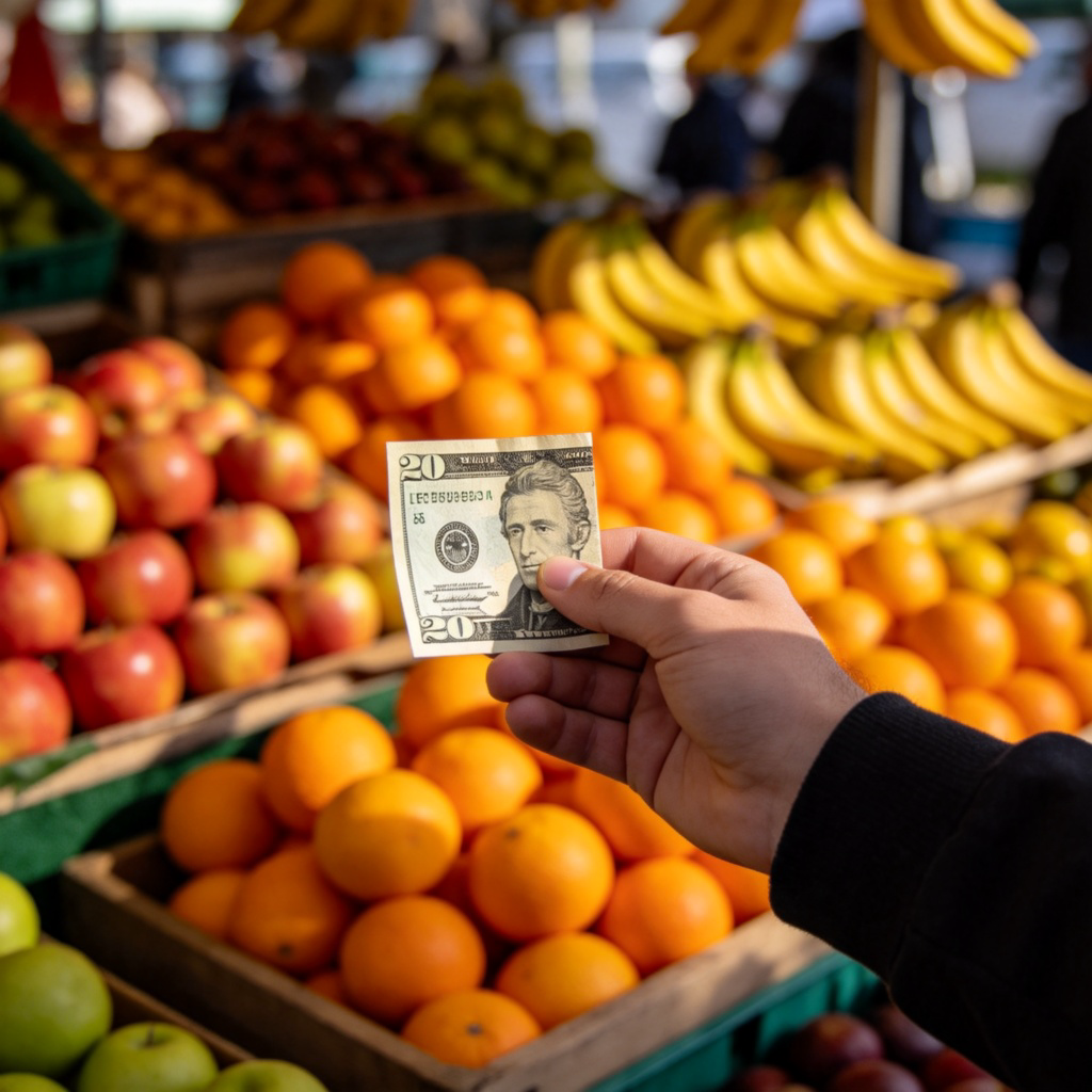 A person's hand holding a 20-dollar bill at a market stall, with various fruits in the background. The scene suggests estimating a price. Warm market lighting, focus on the bill and the gesture. No price tags or text visible.