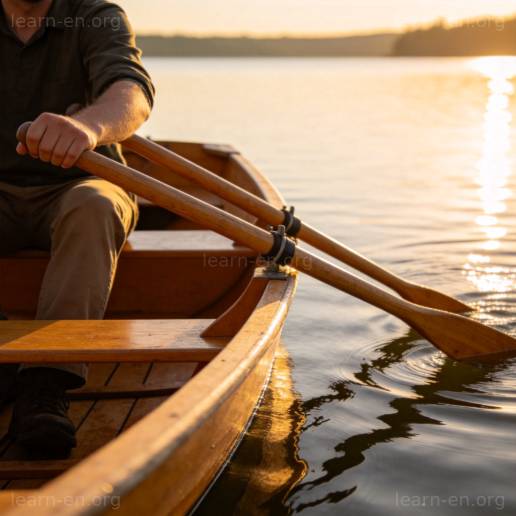 row 划船场景图解：一人在湖中划动双桨