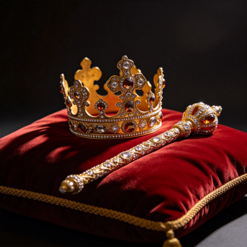 A close-up of a shining golden crown and a jeweled scepter resting on a deep red velvet cushion. The lighting is dramatic and focused, highlighting the intricate details and gems. No people, plain dark background. No text.